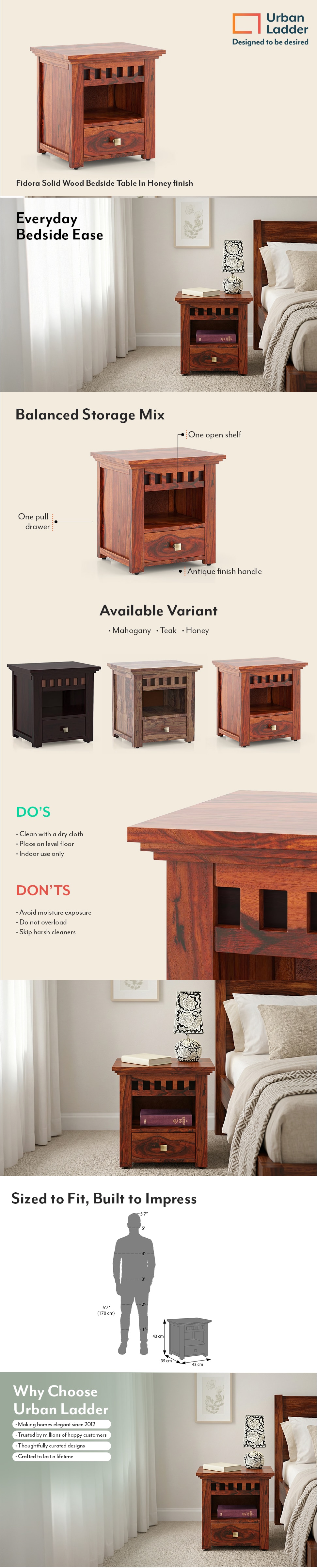 Fidora Solid Wood Bedside Table In Honey finish
