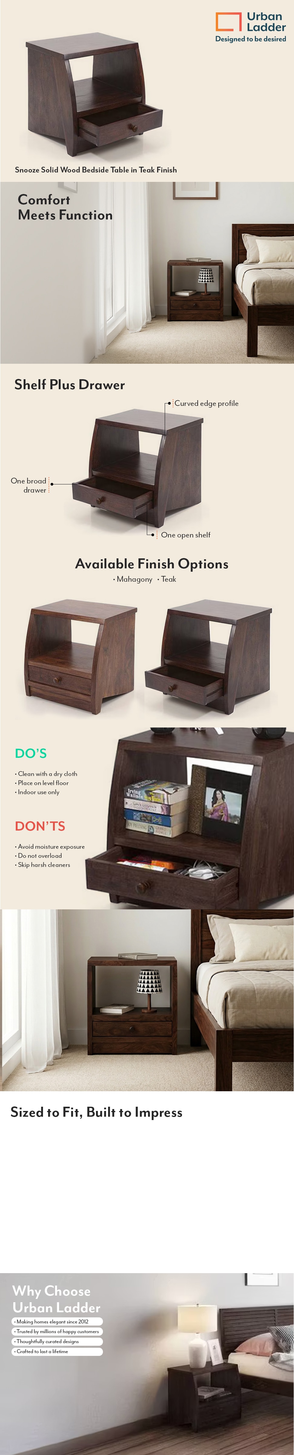 Siesta Solid Wood Bedside Table in Mahogany Finish