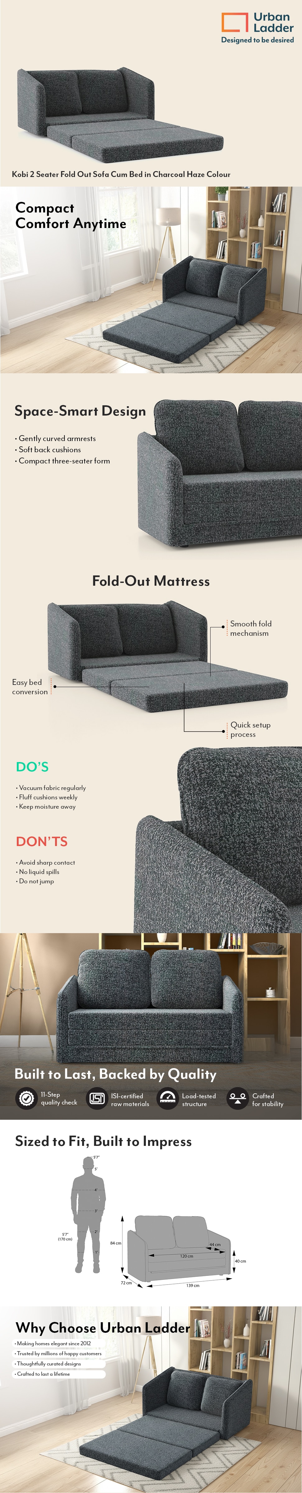 Kobi 2 Seater Fold Out Sofa Cum Bed in Speckled Teal Colour