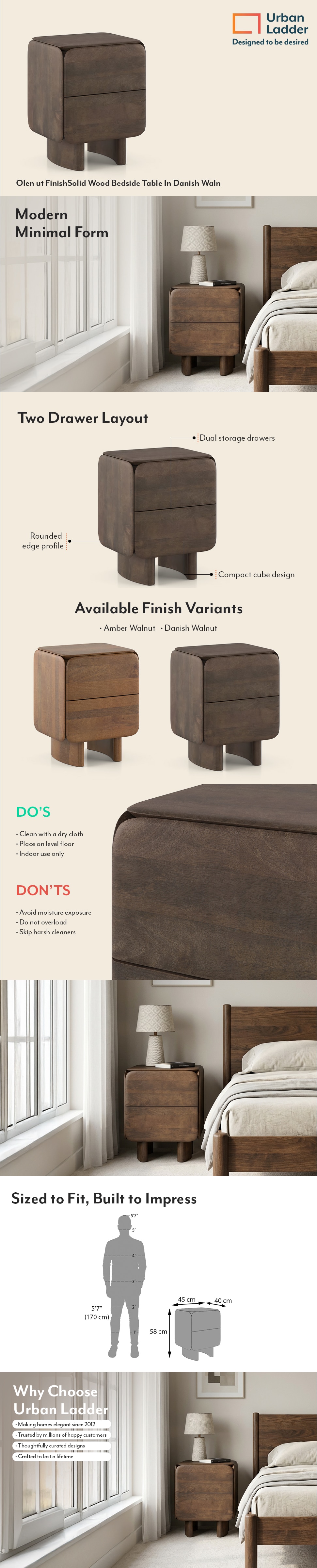Olen Solid Wood Bedside Table In Danish Walnut Finish