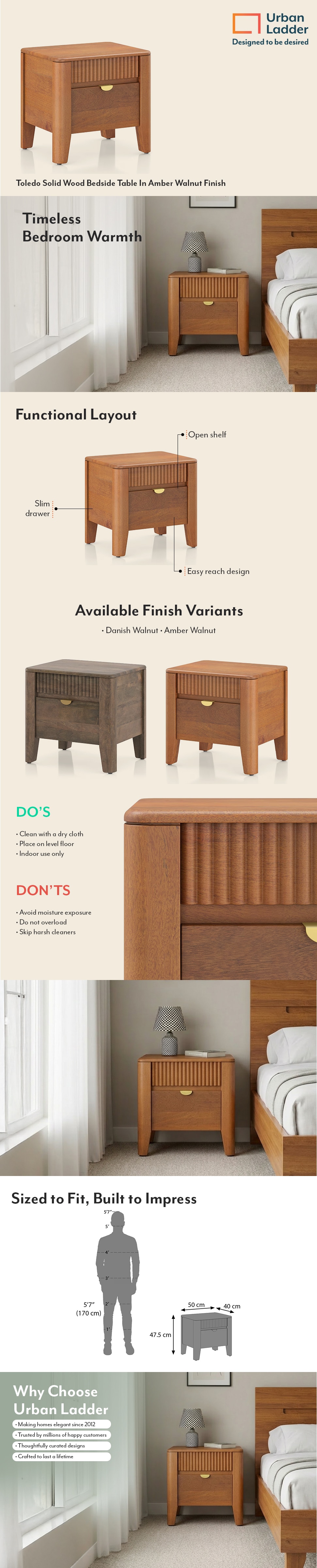 Toledo Solid Wood Bedside Table In Amber Walnut Finish
