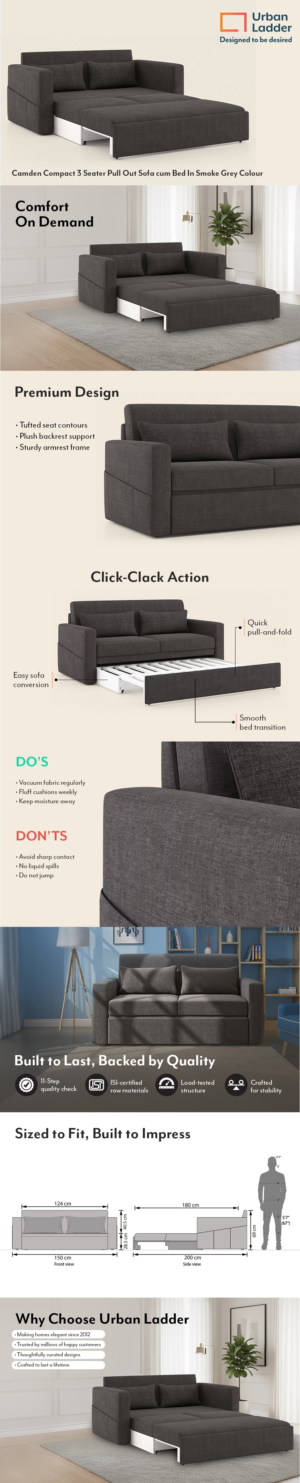 Camden Compact 3 Seater Pull Out Sofa cum Bed In Smoke Grey Colour
