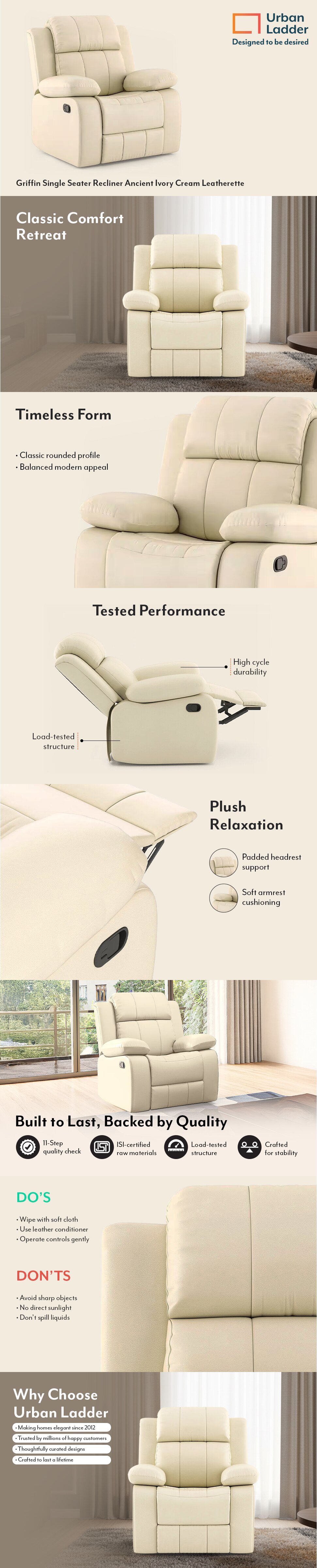 Griffin One Seater Manual Recliner in Ancient Ivory Cream Leatherette
