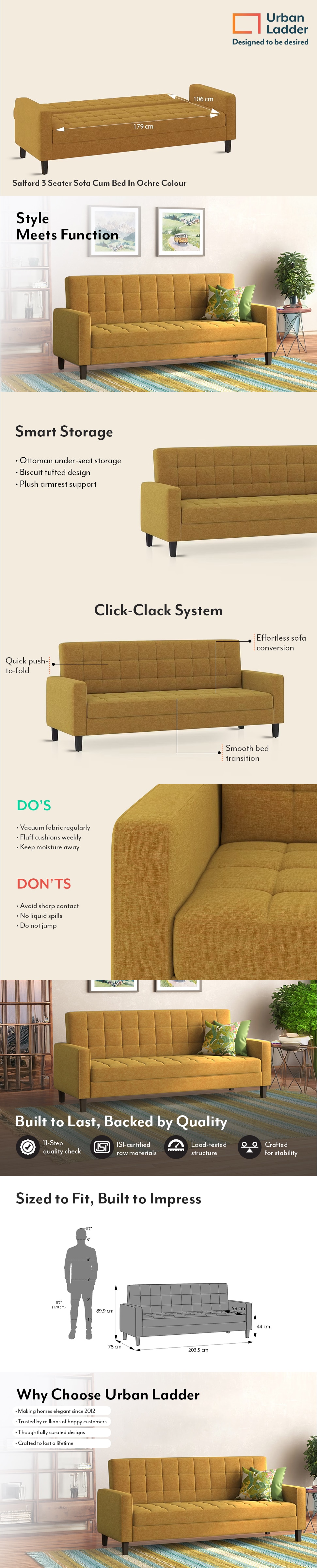 Salford 3 Seater Click Clack Sofa Cum Bed In Ochre Colour