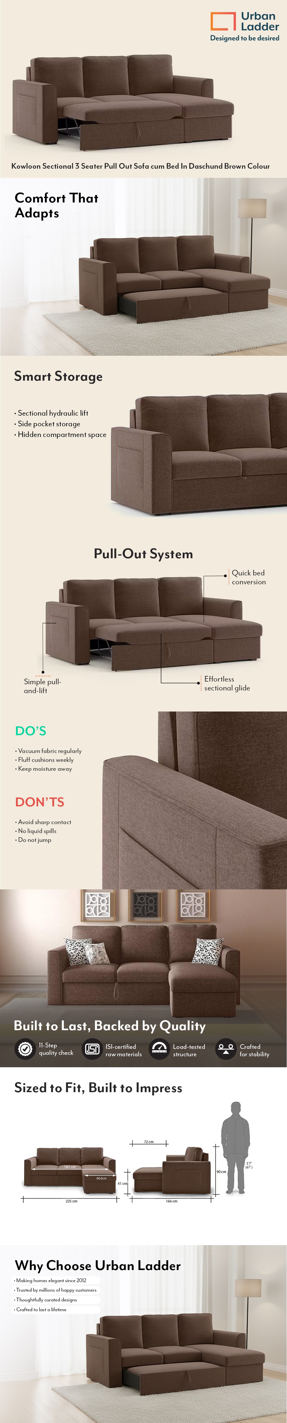 Kowloon Sectional 3 Seater Pull Out Sofa cum Bed In Daschund Brown Colour