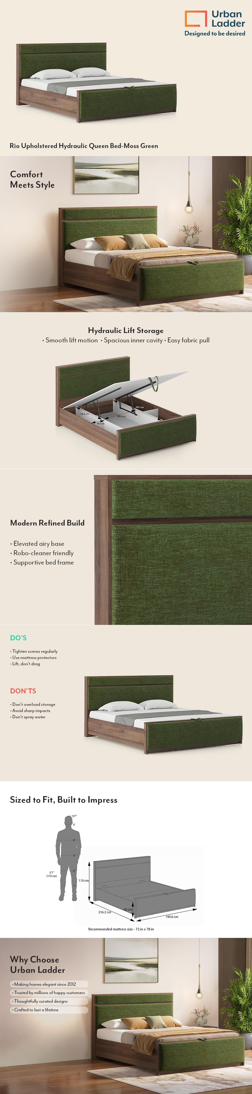 Rio Engineered Wood Queen Size Bed With Hydraulic Storage (Moss Green Colour)