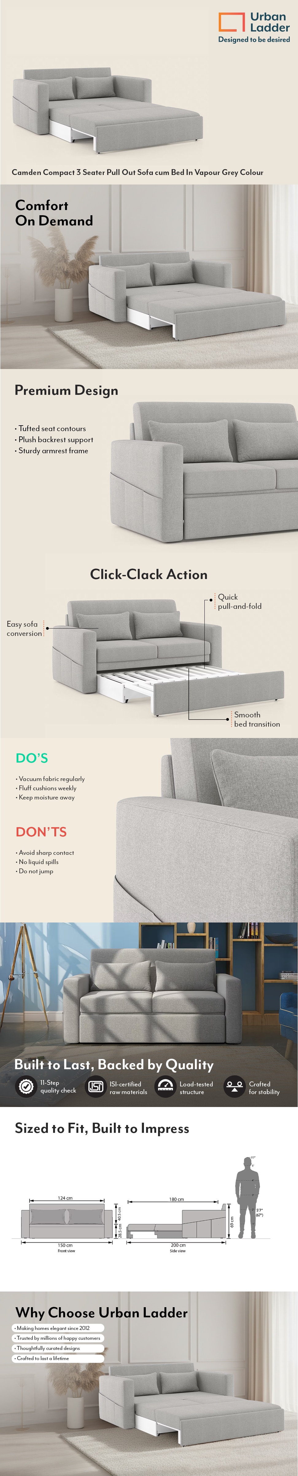 Camden Compact 3 Seater Pull Out Sofa cum Bed In Vapour Grey Colour