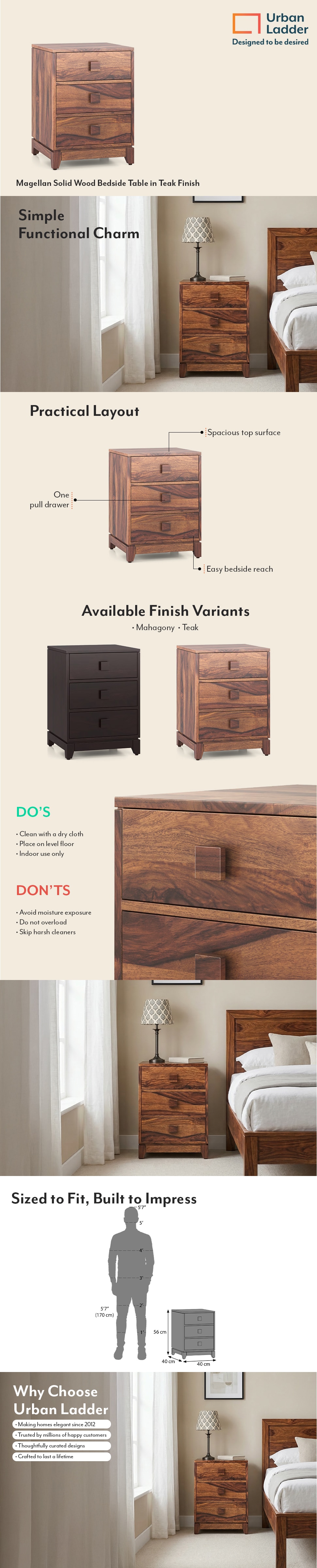 Magellan Solid Wood Bedside Table in Teak Finish