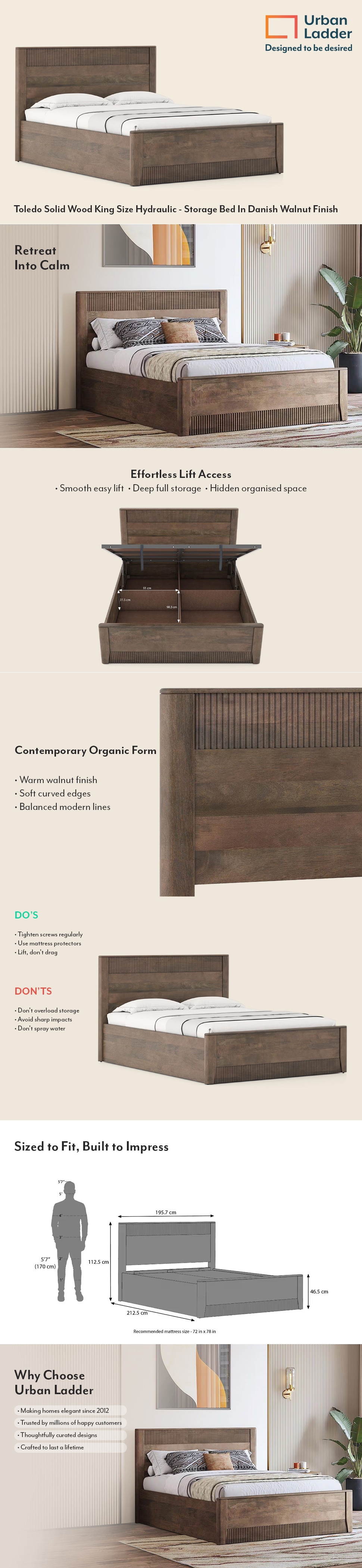 Toledo Solid Wood King Size Bed With Hydraulic Storage (Danish Walnut Finish)