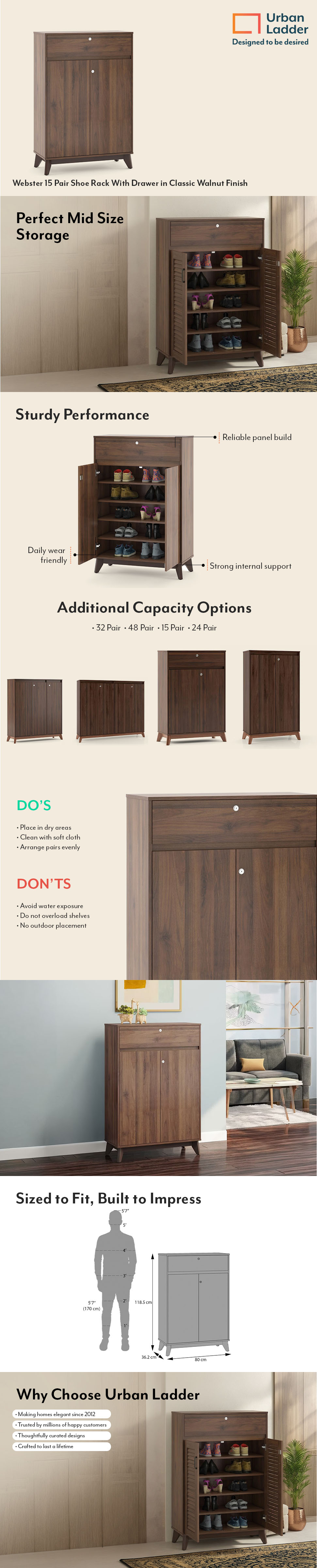 Webster 15 Pair Shoe Rack With Drawer in Classic Walnut Finish