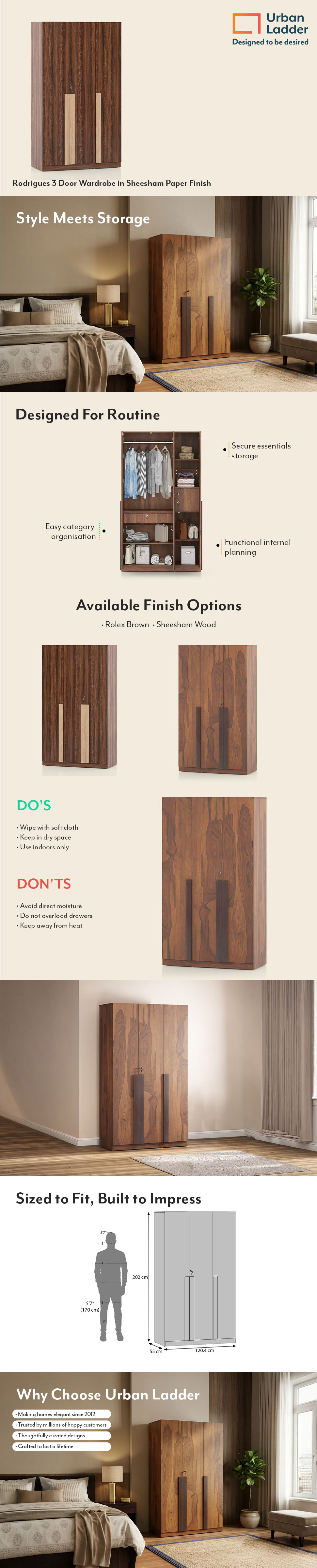 Rodrigues 3 Door Wardrobe in Sheesham Paper Finish