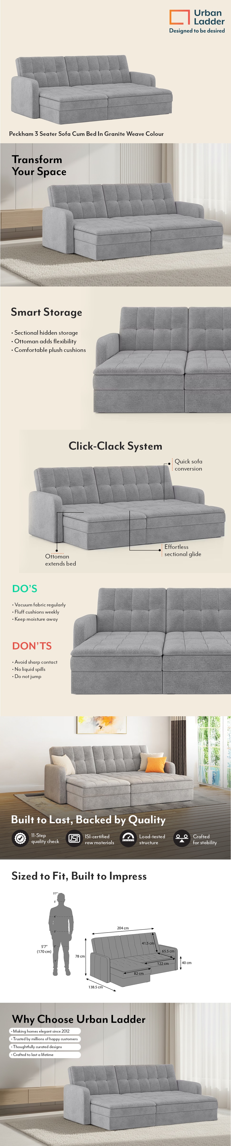 Peckham 3 Seater Click Clack Sofa Cum Bed In Granite Weave Colour