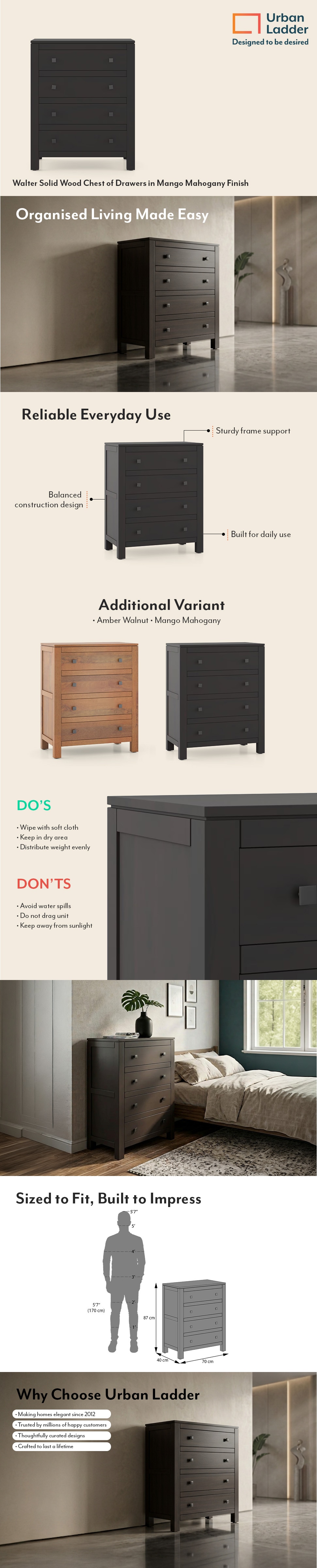 Walter Solid Wood Chest of Drawers in Mango Mahogany Finish