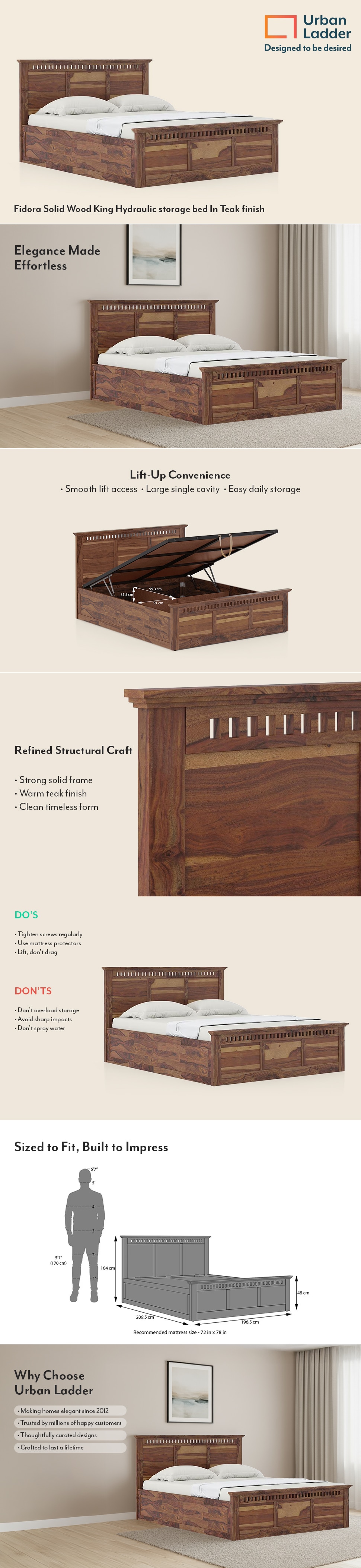 Fidora Solid Wood King Size Bed With Hydraulic Storage (Teak Finish)