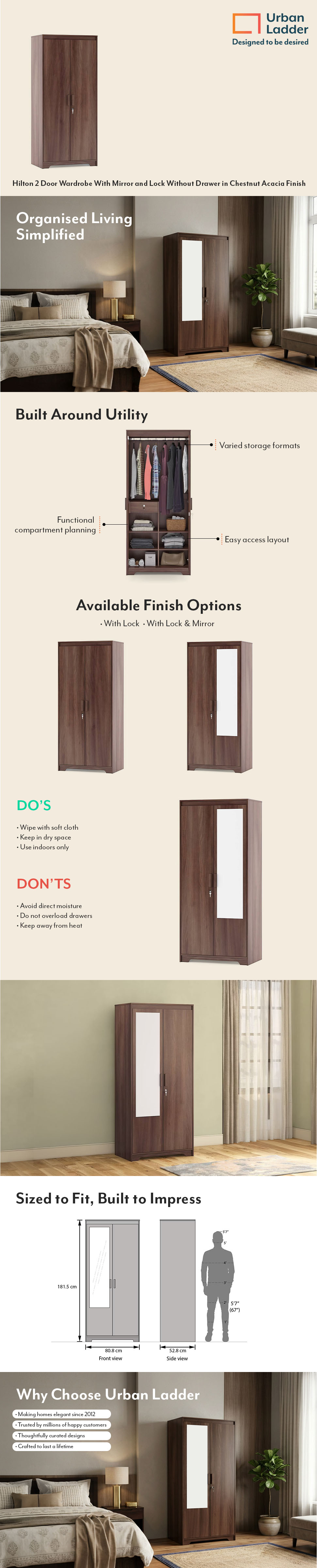 Hilton 2 Door Wardrobe With Mirror and Lock Without Drawer in Chestnut Acacia Finish