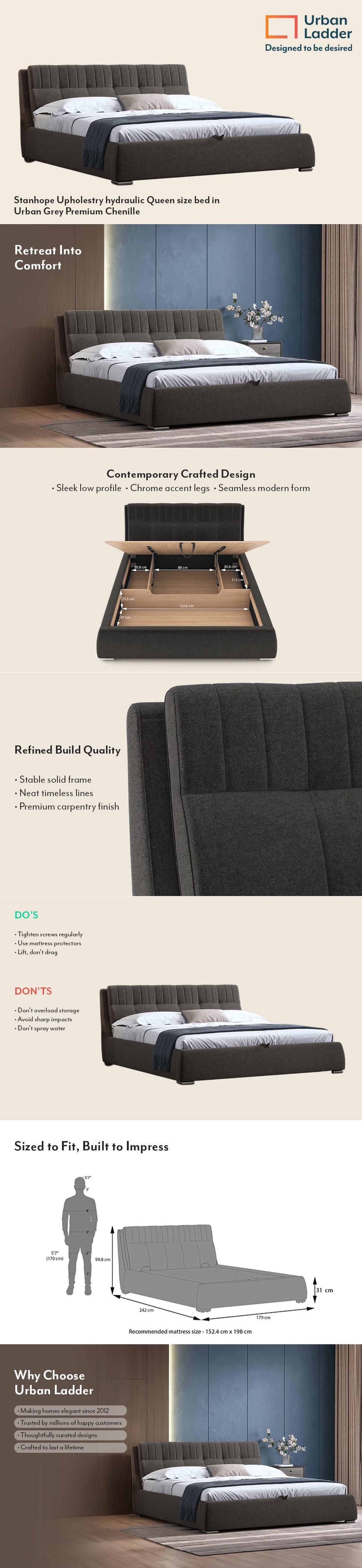 Stanhope Engineered Wood Queen Size Bed With Hydraulic Storage (Urban Grey Colour)