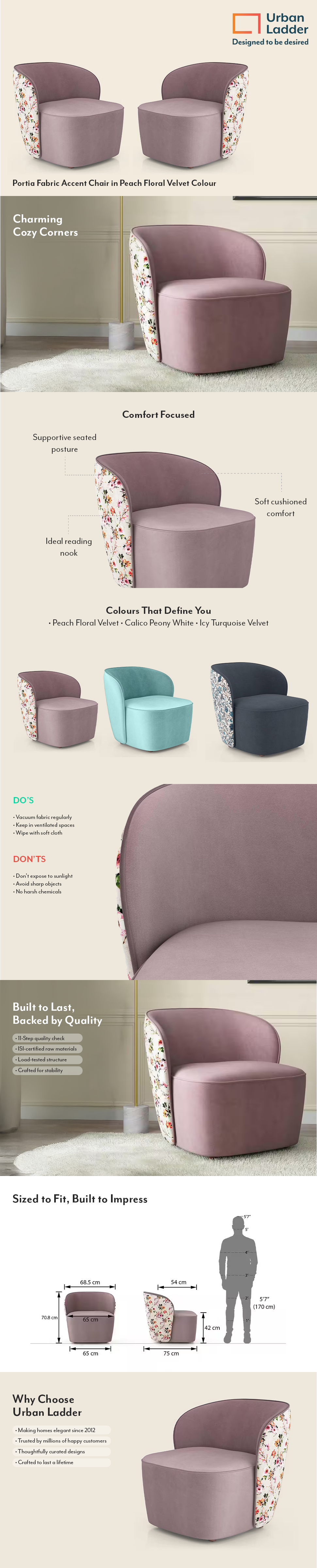 Portia Fabric Accent Chair in Peach Floral Velvet Colour