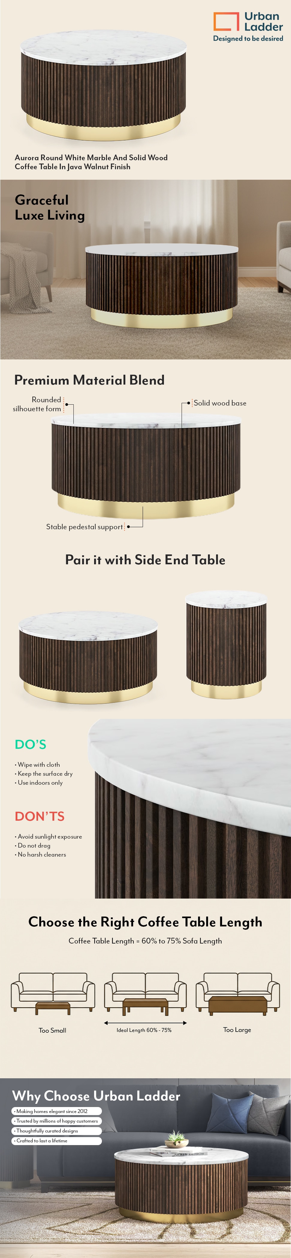 Aurora Round White Marble And Solid Wood Coffee Table In Java Walnut Finish