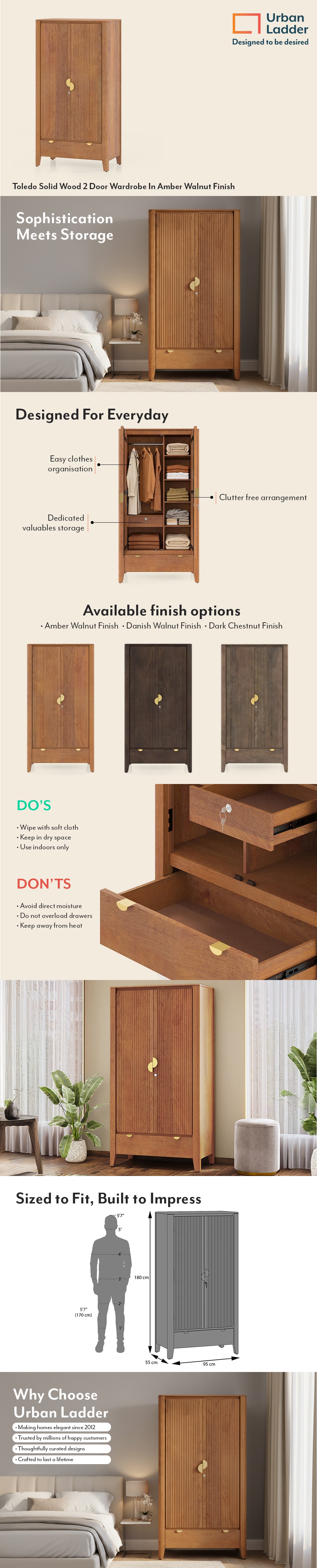 Toledo Solid Wood 2 Door Wardrobe In Amber Walnut Finish