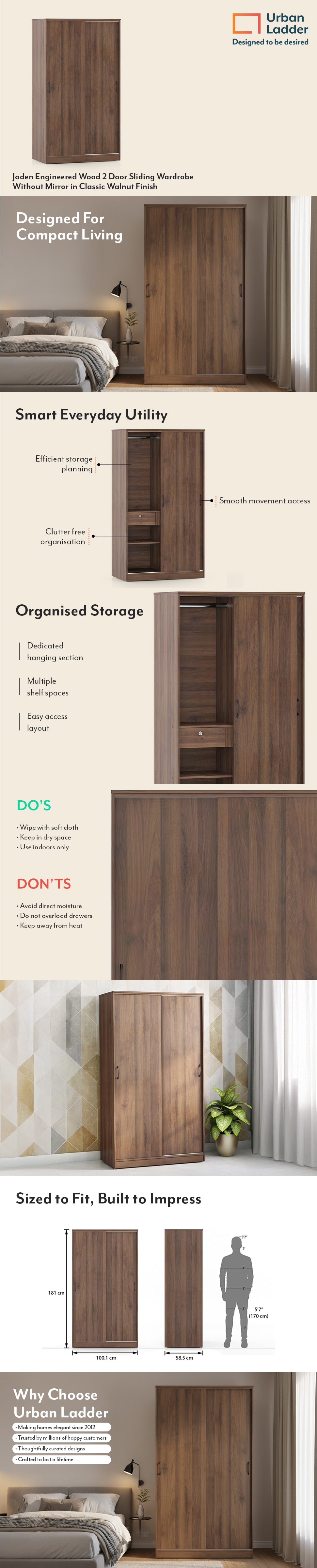 Jaden Engineered Wood 2 Door Sliding Wardrobe Without Mirror in Classic Walnut Finish