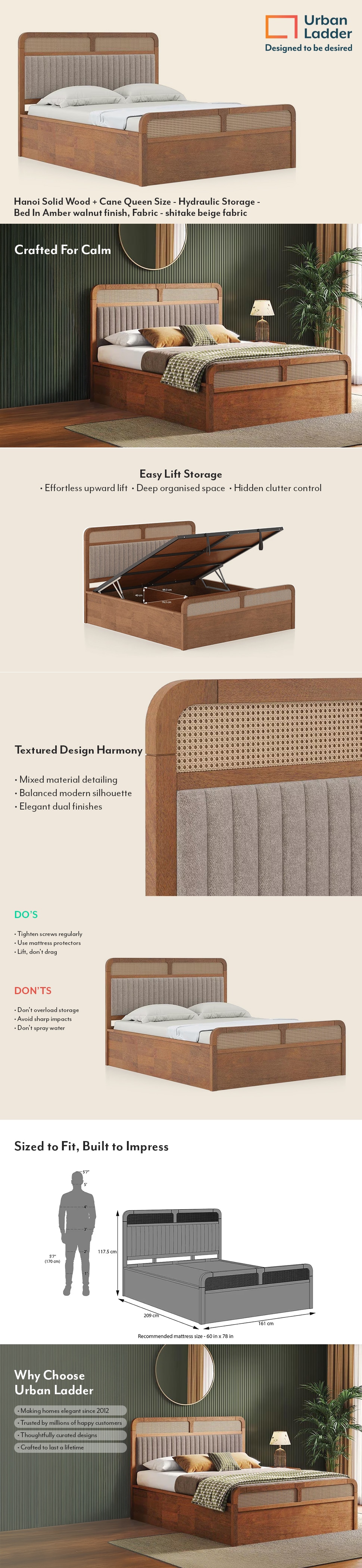 Hanoi Solid Wood Cane Queen Size Bed With Hydraulic Storage (Amber Walnut Finish, Shitake Beige Colour)