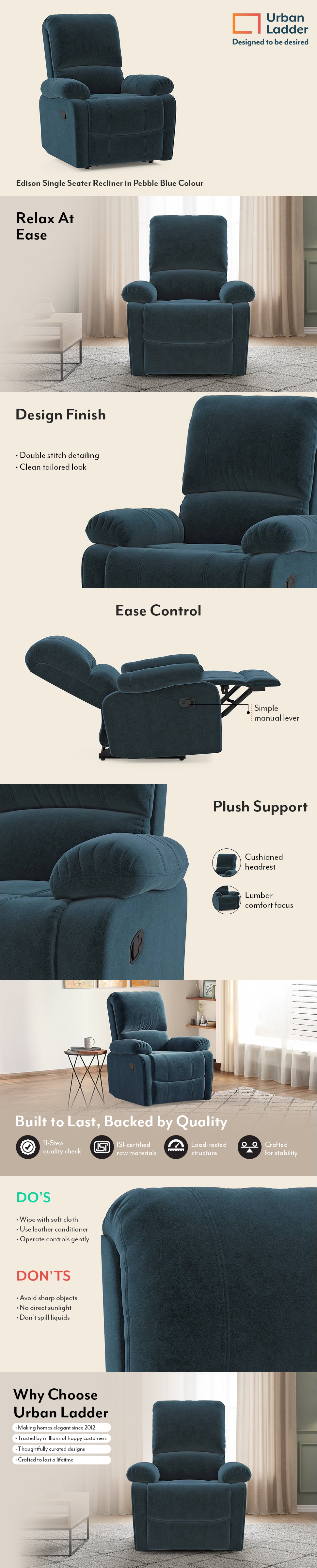 Edison Single Seater Recliner in Pebble Blue Colour