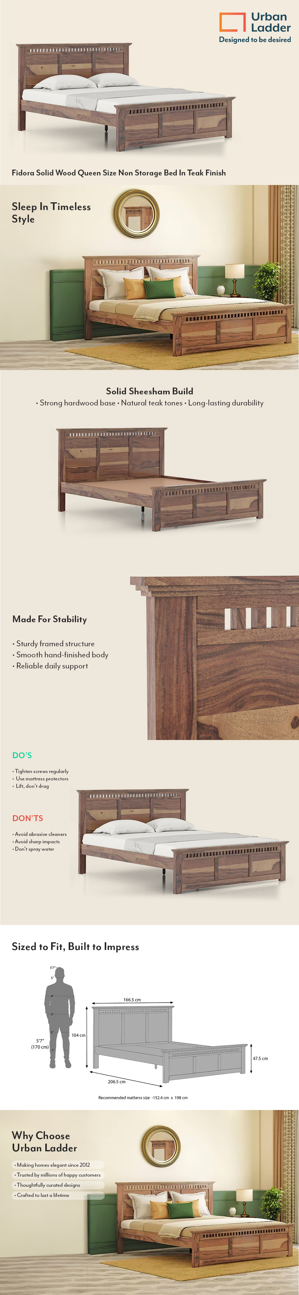 Fidora Solid Wood Queen Size Bed Without Storage (Teak Finish)