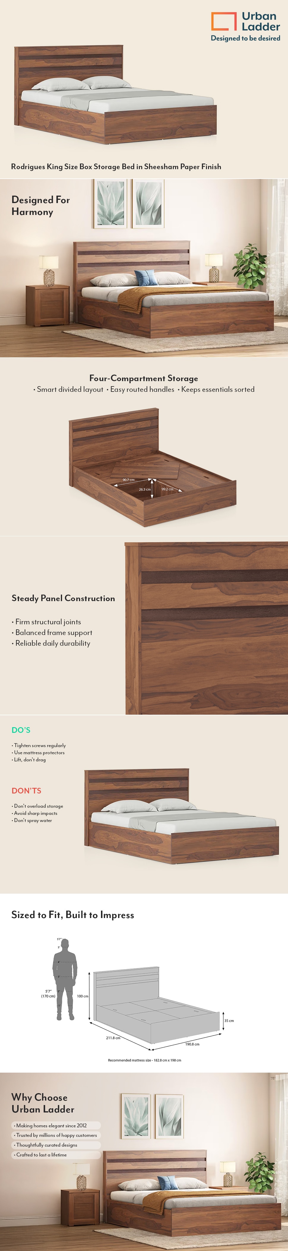 Rodrigues Engineered Wood King Size Bed With Box Storage (Sheesham Finish)