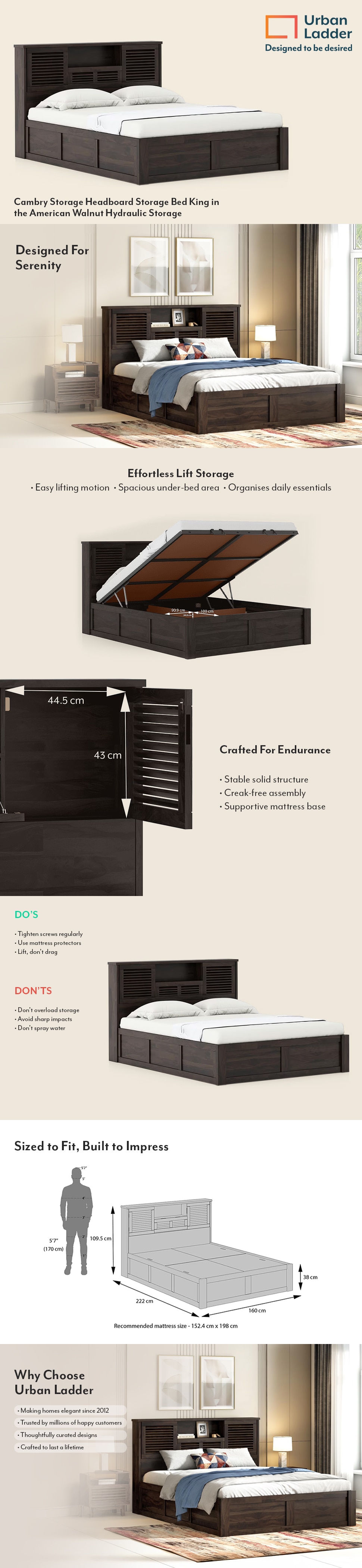 Cambry King Size Hydraulic Storage Bed With Headboard Storage In American Walnut Finish