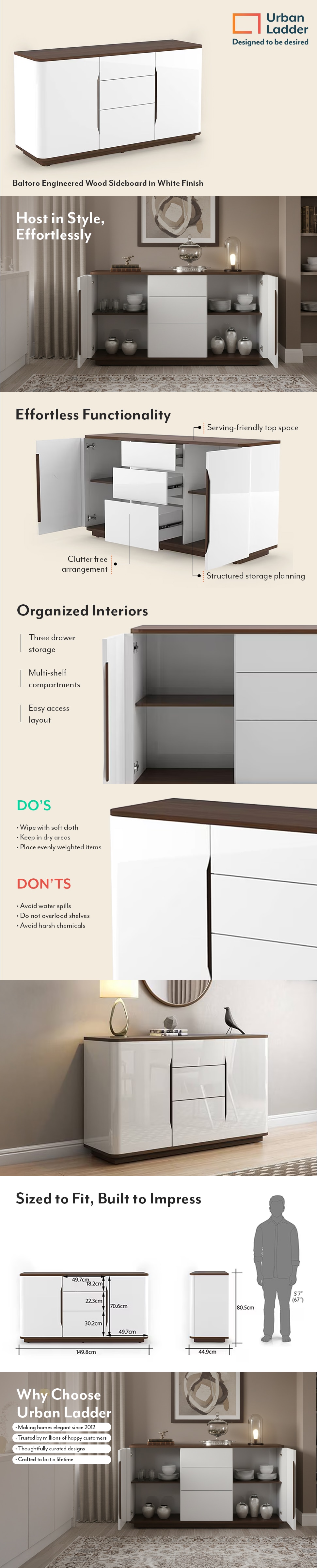 Baltoro Engineered Wood Sideboard in White Finish