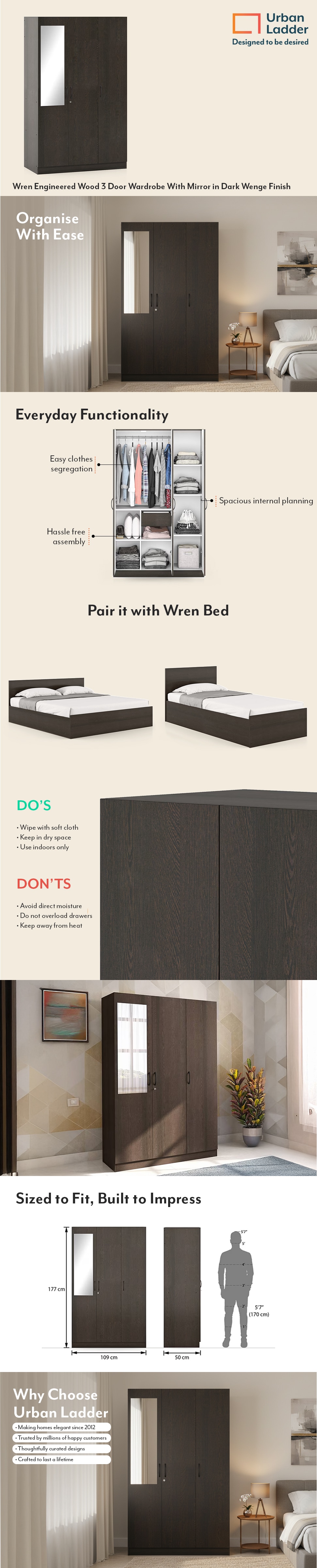 Wren Engineered Wood 3 Door Wardrobe With Mirror in Dark Wenge Finish