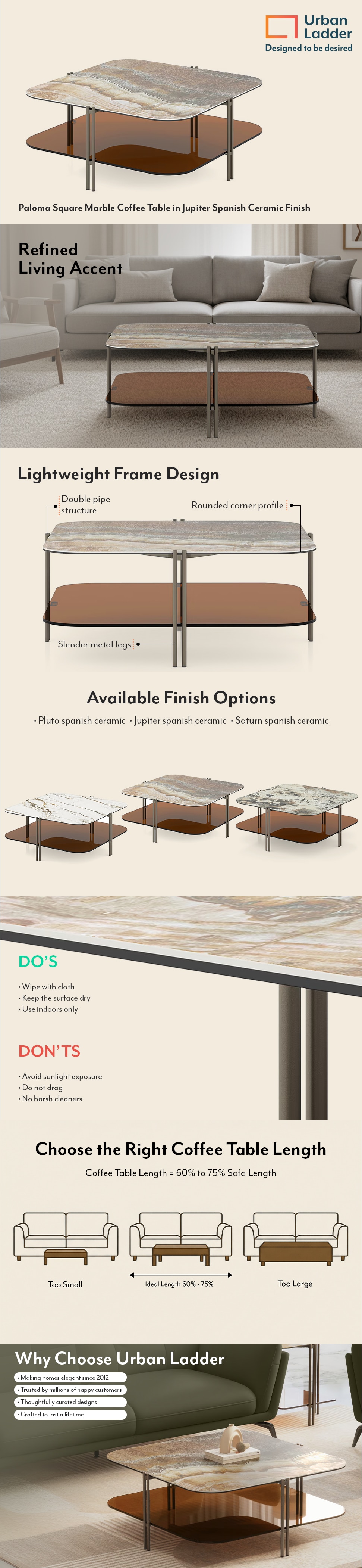 Paloma Square Marble Coffee Table in Jupiter Spanish Ceramic Finish