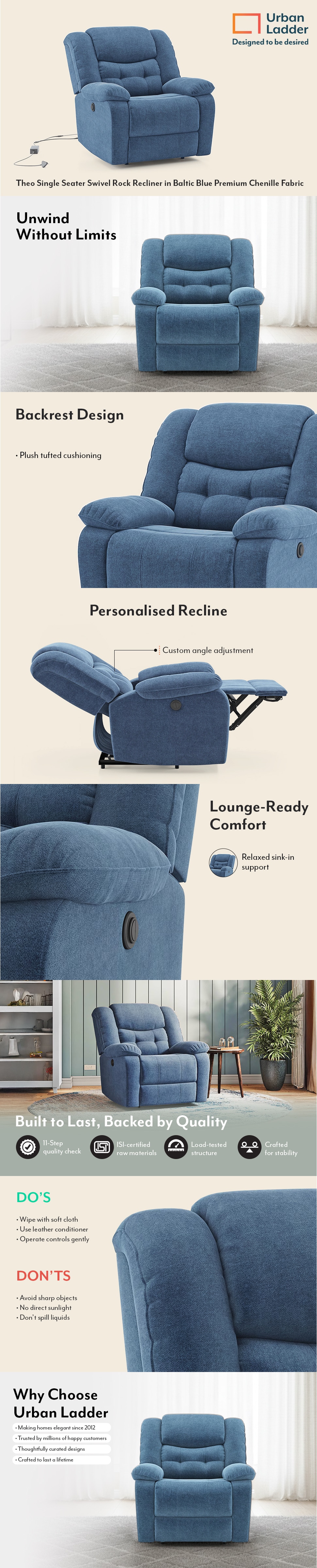 Theo Single Seater Motorized Recliner in Baltic Blue Premium Chenille Fabric