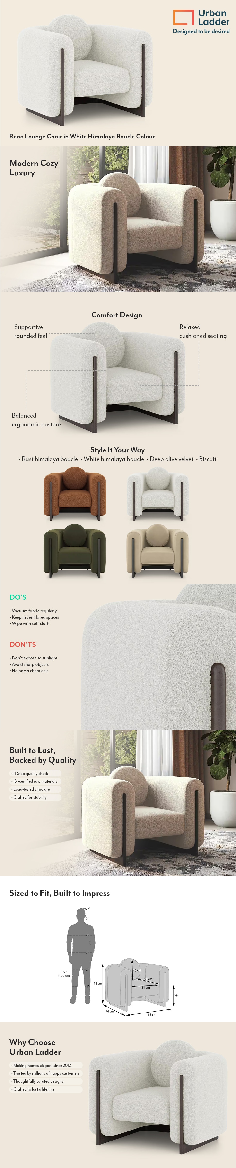 Reno Solid Wood Lounge Chair in White Himalaya Boucle Colour