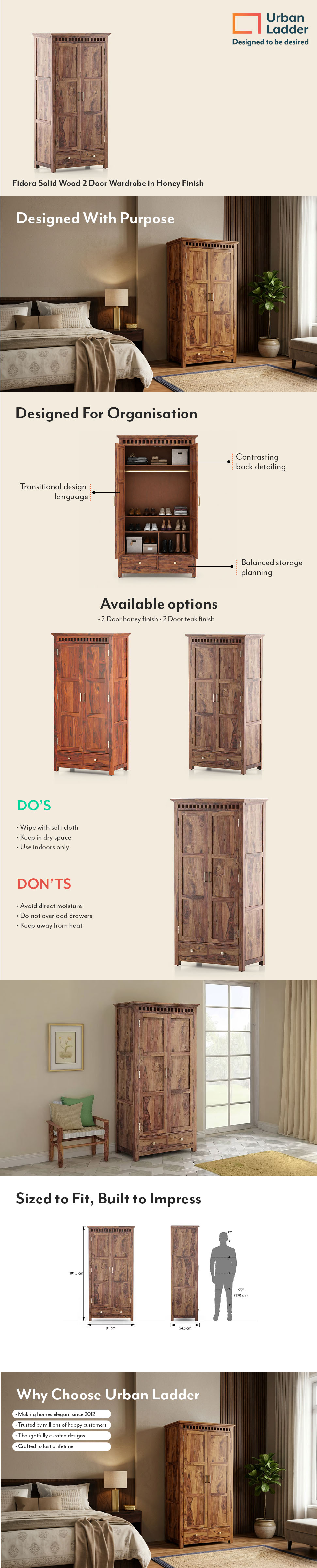 Fidora Solid Wood 2 Door Wardrobe in Teak Finish