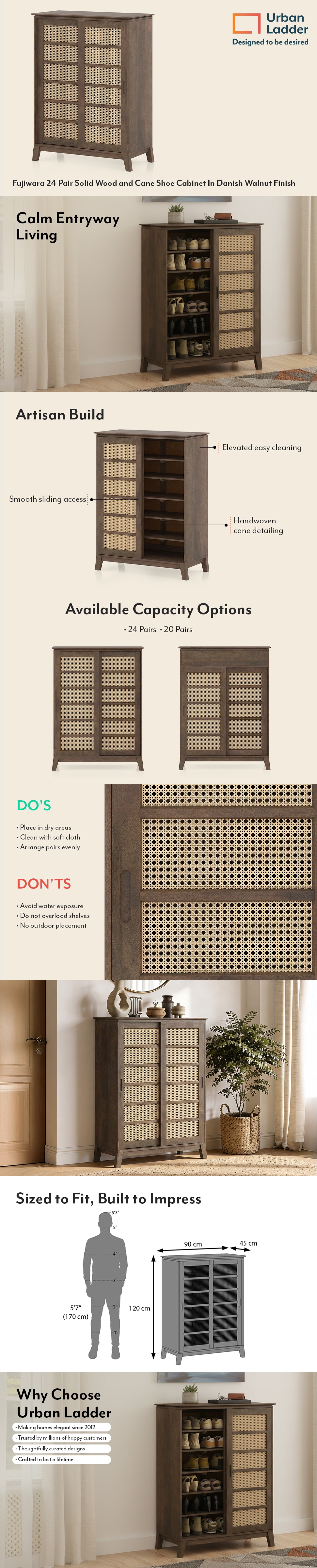 Fujiwara 24 Pair Solid Wood and Cane Shoe Cabinet In Danish Walnut Finish