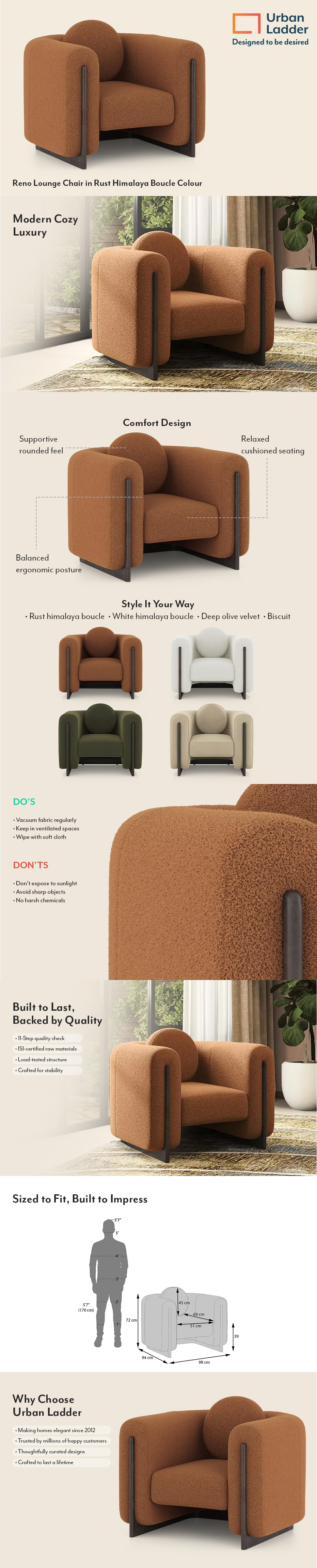 Reno Solid Wood Lounge Chair in Rust Himalaya Boucle Colour