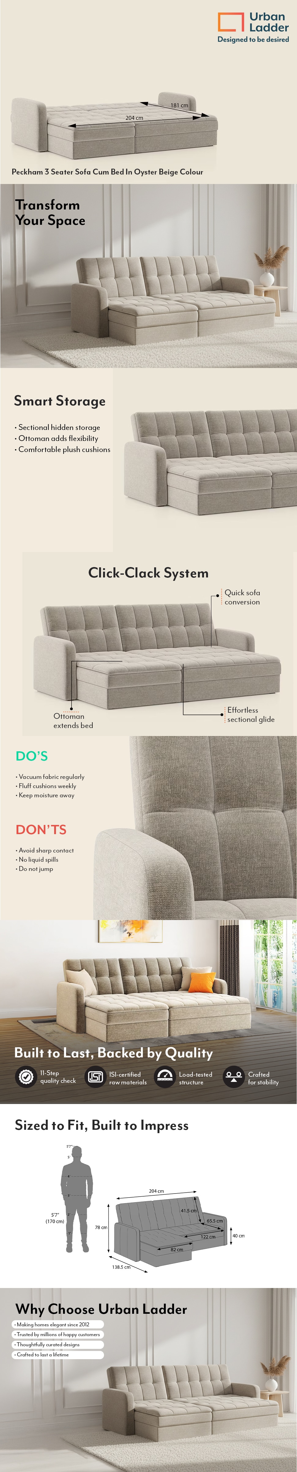 Peckham 3 Seater Click Clack Sofa Cum Bed In Oyster Beige Colour