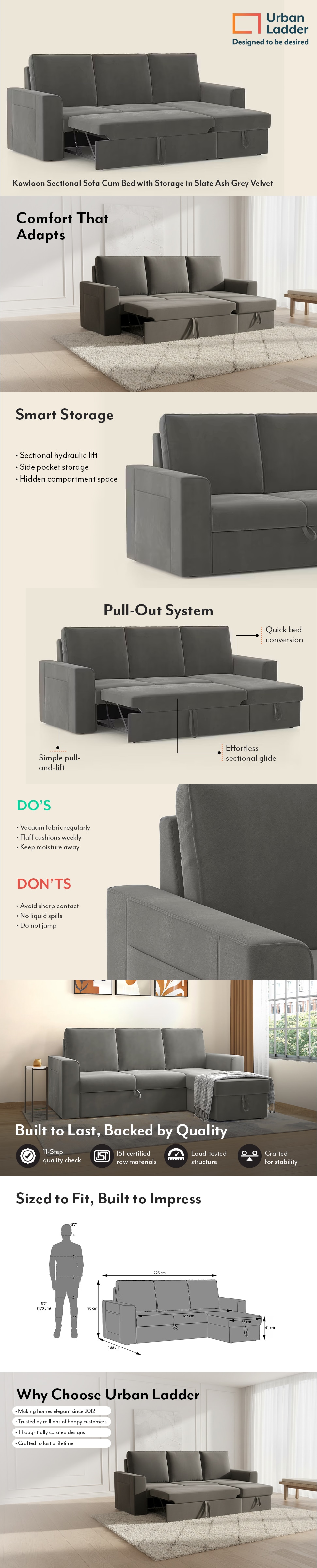 Kowloon Sectional 3 Seater Pull Out  Sofa Cum Bed with Storage in Slate Ash Grey Velvet Colour