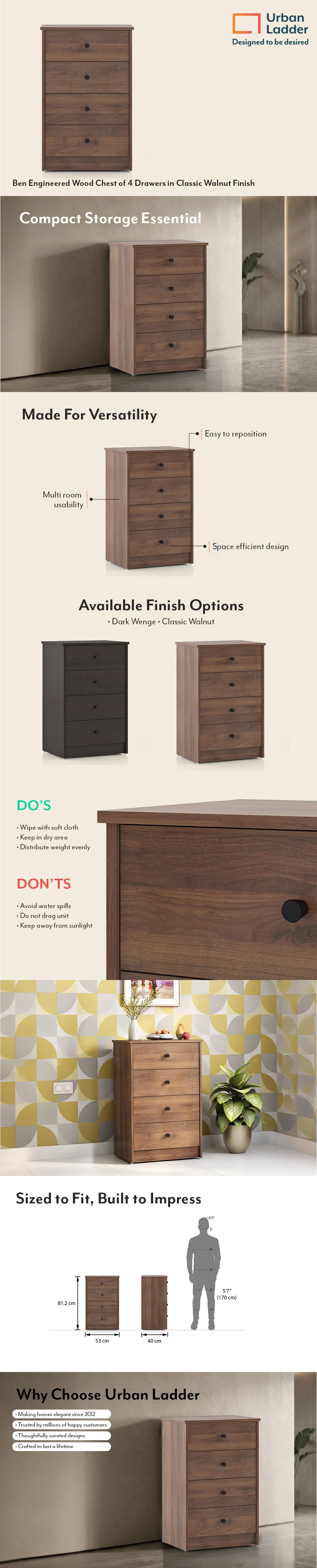 Ben Engineered Wood Chest of 4 Drawers in Classic Walnut Finish