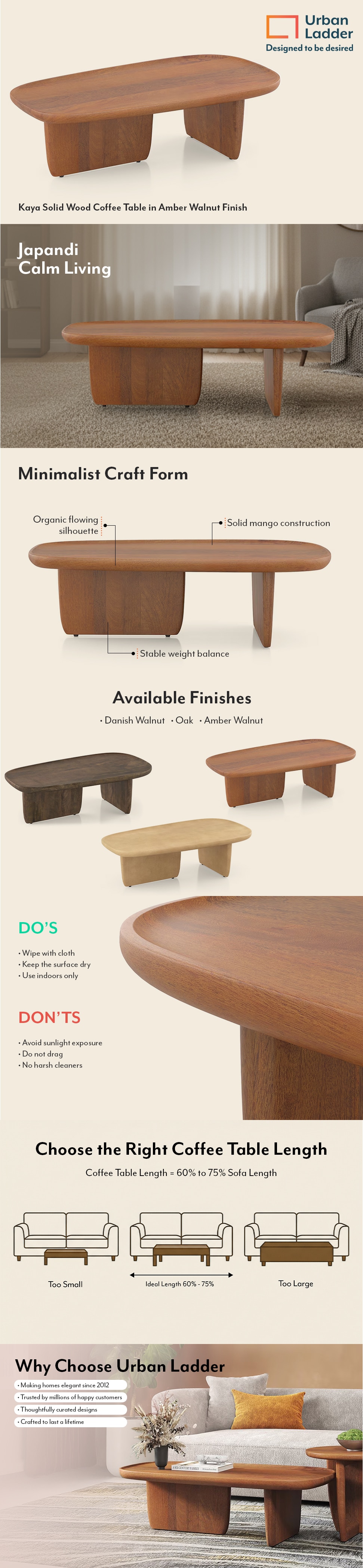 Kaya Solid Wood Coffee Table in Amber Walnut Finish