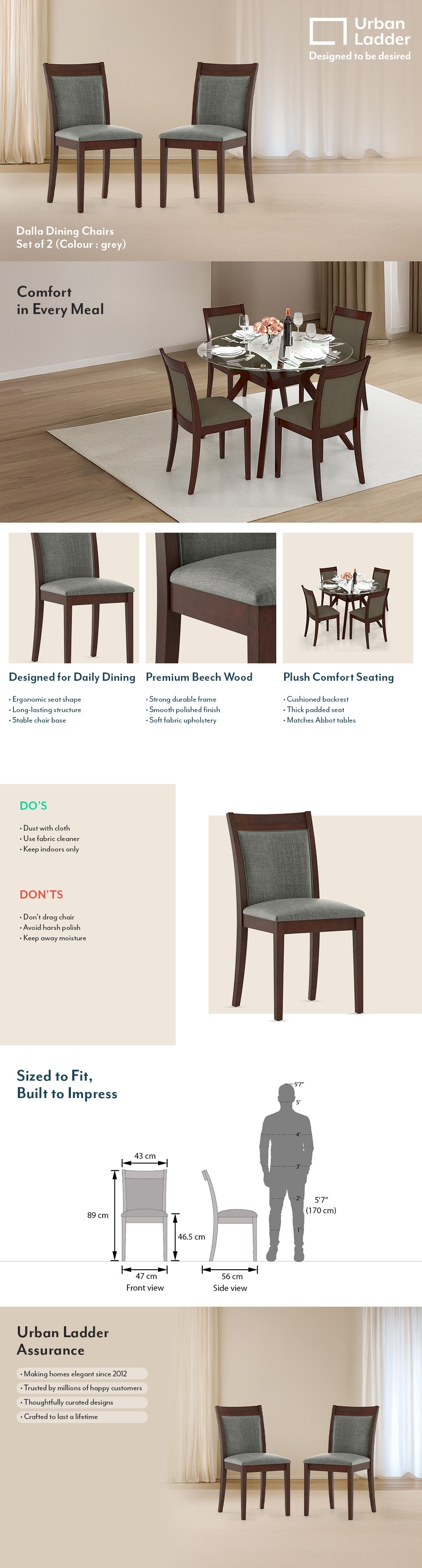 Dalla Solid Wood Dining Chair in Mahogany Finish &amp; Grey Colour - Set of 2