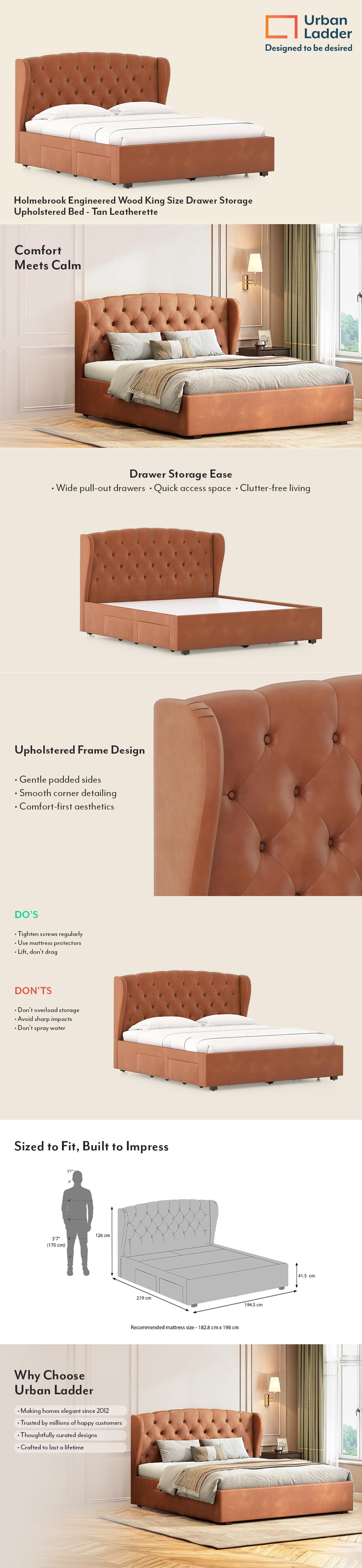 Holmebrook Engineered Wood King Size Bed With Drawer Storage (Tan Finish, Tan Leatherette Colour)