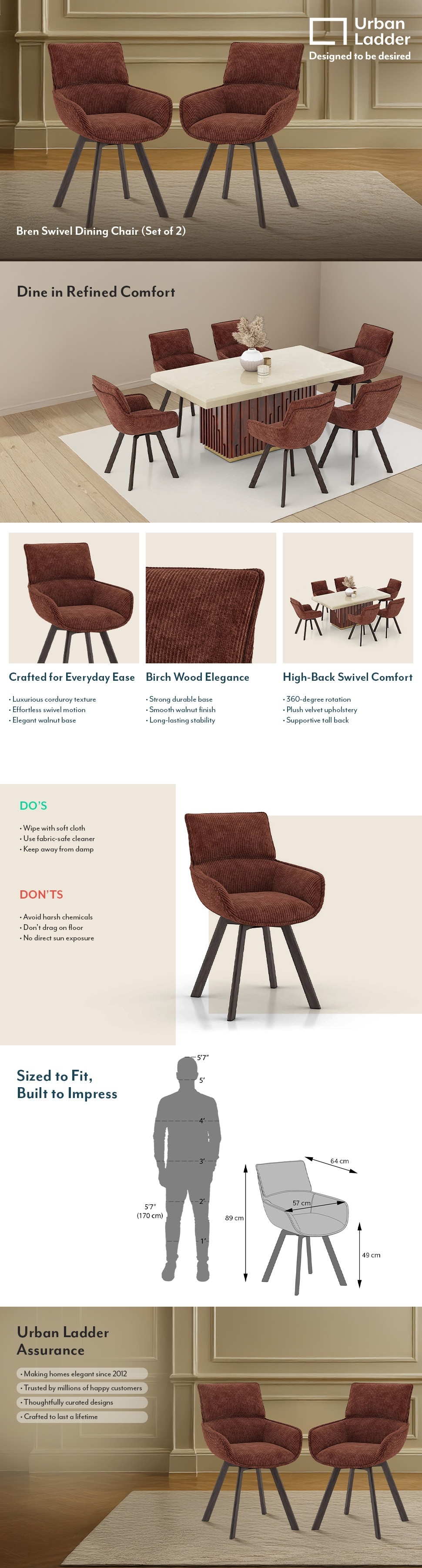 Bren Solid Wood Dining Chair in Auburn Colour - Set of 2