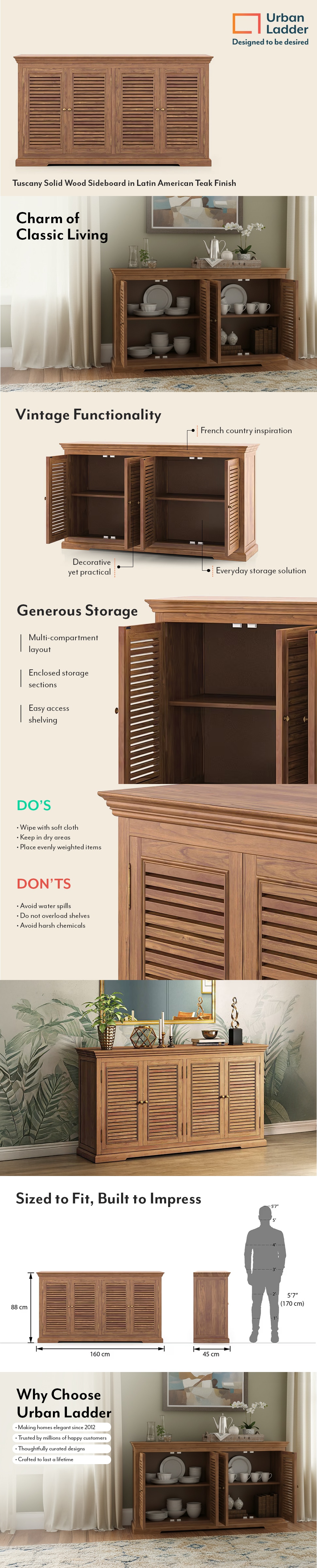 Tuscany Solid Wood Sideboard in Latin American Teak Finish