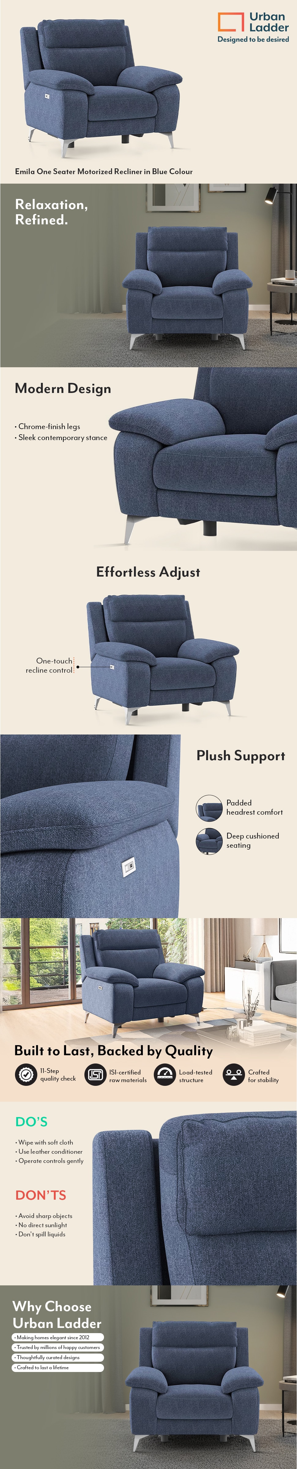 Emila One Seater Motorized Recliner in Blue Colour