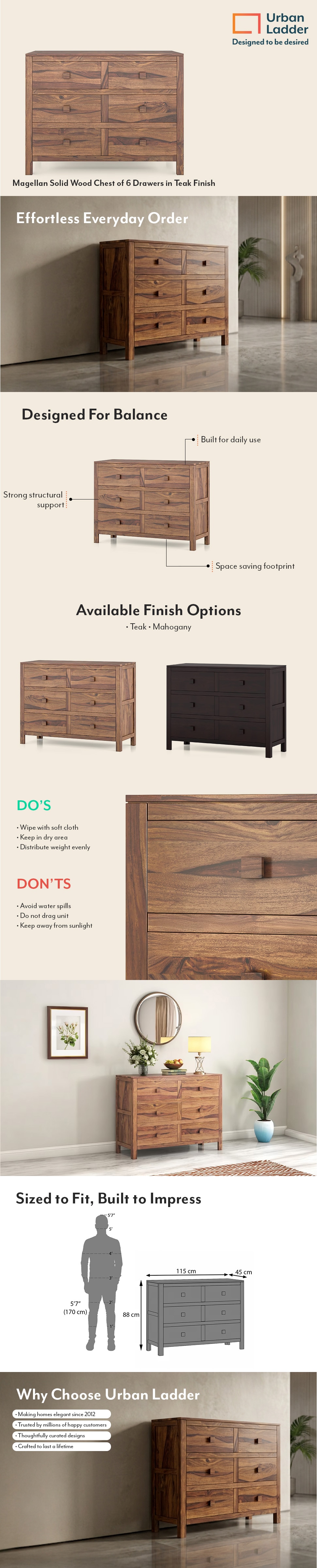 Magellan Solid Wood Chest of 6 Drawers in Teak Finish