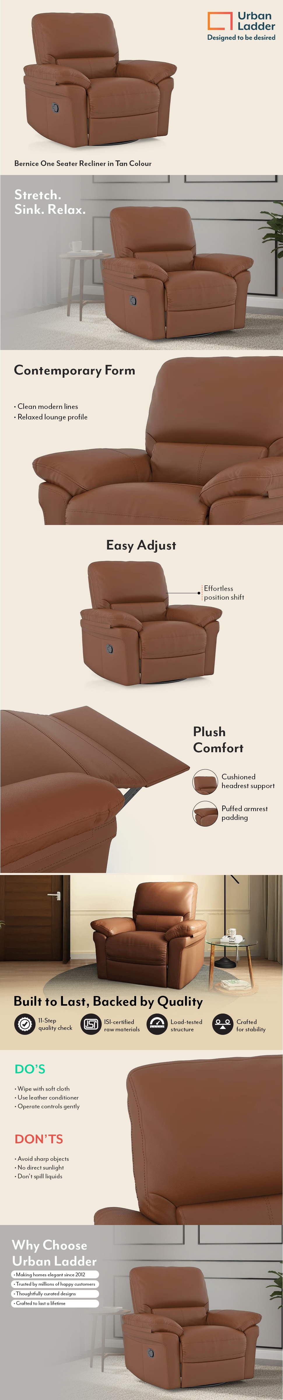 Bernice One Seater Leatherette Manual Recliner in Tan Colour