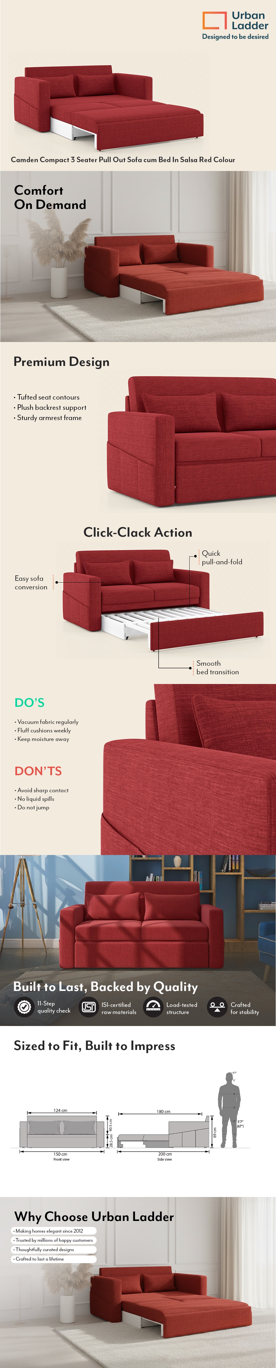 Camden Compact 3 Seater Pull Out Sofa cum Bed In Salsa Red Colour