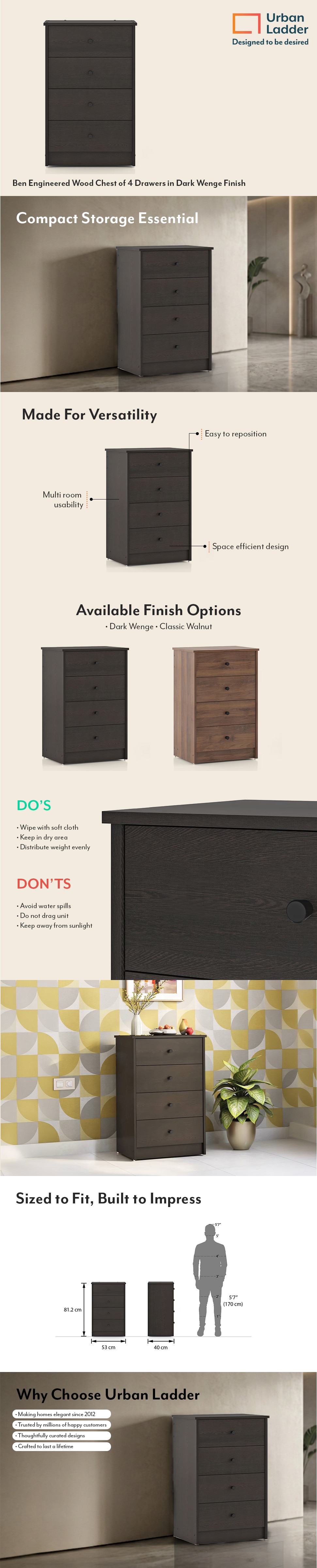 Ben Engineered Wood Chest of 4 Drawers in Dark Wenge Finish